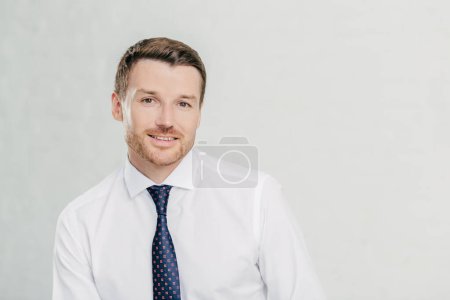 Photo for Happy male office worker with friendly smile, dressed elegantly, thinks about future plans, involved in business, prepares for meeting, poses alone against white background. Professional man leader - Royalty Free Image