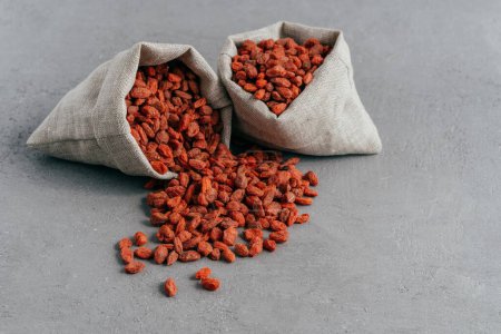 Photo for Raw red organic goji berries in small rustic sacks and spread on grey background. Food and nutrition concept. Wolfberries for eating - Royalty Free Image