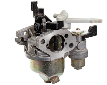 Carburetor, part of a gasoline internal combustion engine, spare part, isolated on a white background