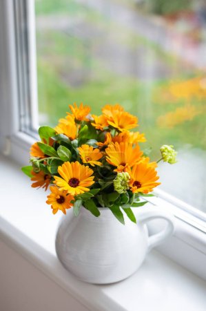 Foto de Un ramo de caléndula brillante en un jarrón de leche se encuentra en el alféizar de la ventana, otoño brillante con una ventana - Imagen libre de derechos