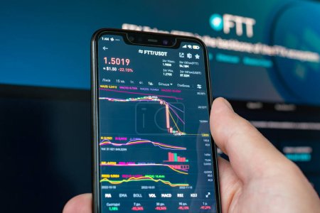 Mann mit Telefon mit FTX-Logo. Globaler Fall der Kryptowährung Graph - FTT-Token fiel auf die Charts Kryptobörsen auf dem App-Bildschirm. FTX-Börseninsolvenz und der Zusammenbruch der Wertmarke