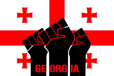 Ilustración de Bandera de Georgia y puños cerrados con tatuaje de nombre de país. Protesta contra las autoridades por el apoyo parlamentario a la nueva Ley de Transparencia de la Influencia Extranjera. Lucha por el concepto de pueblo georgiano - Imagen libre de derechos