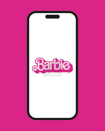 Ilustración de Logotipo de Barbie en el teléfono inteligente iPhone 14 o 15 pantalla aislada sobre fondo rosa. Barbie es una película de comedia de fantasía estadounidense de 2023 basada en las muñecas de moda Barbie de Mattel. NY, NY-USA - 9 de julio de 2023 - Imagen libre de derechos