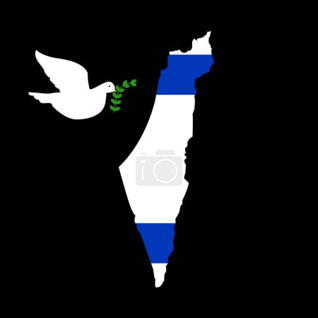 Ilustración de Bandera en el mapa de Israel con la paloma de la paz. Paloma blanca volando cerca del país sostienen una rama de olivo de la paz. Concepto de un pájaro revoloteando que trae paz y calma al pueblo israelí - Imagen libre de derechos