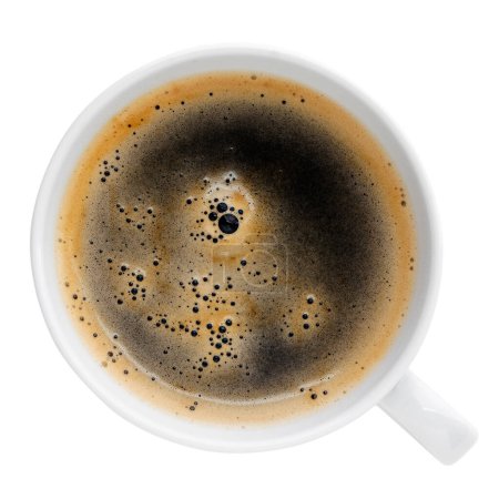 Foto de Taza de café negro en taza blanca fotografiada desde arriba aislada sobre fondo blanco - Imagen libre de derechos