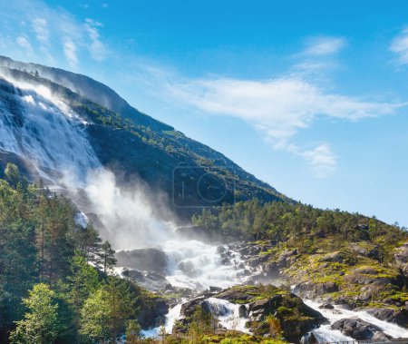 Photo for Summer mountain  Langfossen waterfall on slope (Etne, Norway). - Royalty Free Image