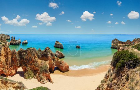 Photo for Top view on sandy beach Dos Tres Irmaos (Portimao, Alvor, Algarve, Portugal). Two shots stitch panorama. - Royalty Free Image