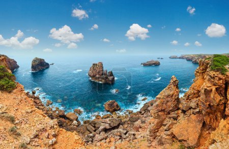 Photo for Summer Atlantic rocky coast view (Aljezur, Algarve, Costa Vicentina, Portugal). Three shots stitch panorama. - Royalty Free Image