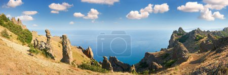 Photo for The view on Karadag (reserve on place of ancient extinct volcano - Crimea, Ukraine). Three shots stitch image. - Royalty Free Image