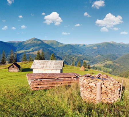 Téléchargez les photos : Cheminée de bois de chauffage sur la ferme de montagne d'été (Carpates, Ukraine) - en image libre de droit