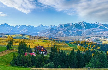 Téléchargez les photos : Village de montagne d'été en périphérie et chaîne de Tatra derrière (Gliczarow Dolny dans la vallée, Pologne
) - en image libre de droit