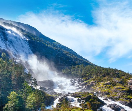 Photo for Summer mountain  Langfossen waterfall on slope (Etne, Norway). - Royalty Free Image