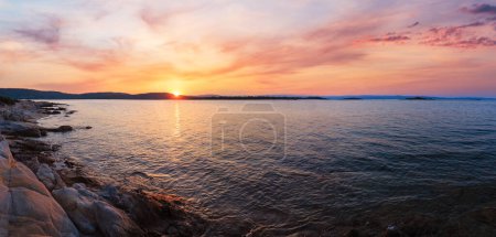 Photo for Aegean sea coast landscape, sunset view from Karidi beach (Chalkidiki, Greece). - Royalty Free Image