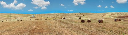 Téléchargez les photos : Beau paysage de campagne estivale de Sicile en Italie. Champ de blé avec meules de foin. - en image libre de droit