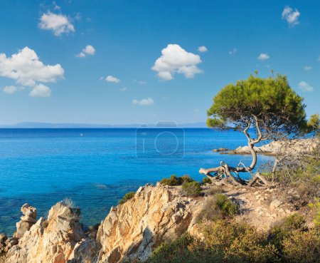Foto de Paisaje de la costa del mar Egeo con agua de aguamarina, vista cerca de Mega Portokali Beach (Sithonia, Chalkidiki, Grecia). - Imagen libre de derechos