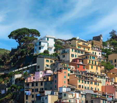 Foto de Hermosa vista de verano de Manarola desde el barco de excursión. Uno de los cinco famosos pueblos del Parque Nacional Cinque Terre en Liguria, Italia, suspendido entre el mar de Liguria y la tierra en acantilados escarpados
. - Imagen libre de derechos