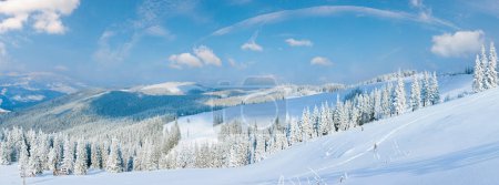 Foto de Winter calm mountain panorama landscape with sheds and mount ridge behind (Kukol Mount, Carpathian Mountains, Ukraine). - Imagen libre de derechos
