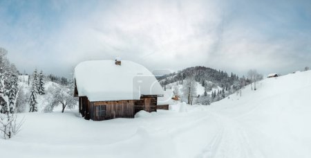 Téléchargez les photos : Maison rustique en bois dans les neiges sur les pentes en hiver Carpates ukrainiennes par temps nuageux
. - en image libre de droit