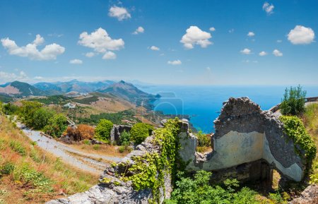 Summer Tyrrhenian sea coast view from San Biagio mountain hill (road to statue of Christ the Redeemer) and ancient town ruins, Maratea, Basilicata, Italy