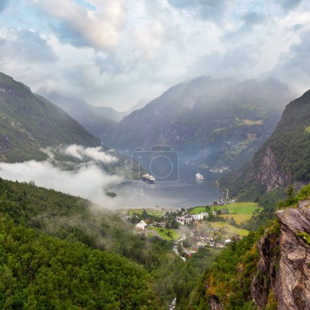 Photo for Geiranger Fjord overcast summer view from above Dalsnibba mount, Norway - Royalty Free Image