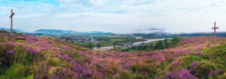 Photo for Summer misty morning country foothills panorama with heather flowers and wooden cross (Lviv Oblast, Ukraine) . - Royalty Free Image