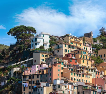 Foto de Hermosa vista de verano de Manarola desde el barco de excursión. Uno de los cinco famosos pueblos del Parque Nacional Cinque Terre en Liguria, Italia, suspendido entre el mar de Liguria y la tierra en acantilados escarpados
. - Imagen libre de derechos