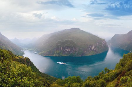 Photo for Geiranger Fjord (Norge) panorama with cruise ships. View from above. - Royalty Free Image