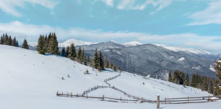 Photo for Picturesque winter mountain view from Skupova mountain slope, Ukraine, view to Chornohora ridge and Pip Ivan mountain top with observatory building, Carpathian. - Royalty Free Image