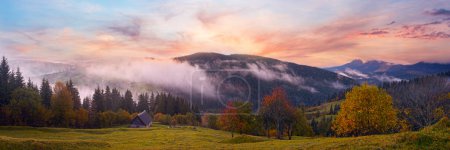 Photo for Misty early daybreak in autumn Carpathian mountain, Ukraine. - Royalty Free Image
