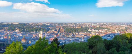Morning central part of Lviv City (Ukraine) panorama from "High Castle" Hill (in flank sun rays).
