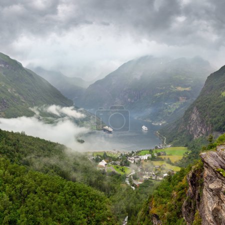 Photo for Geiranger Fjord overcast summer view from above Dalsnibba mount, Norway - Royalty Free Image