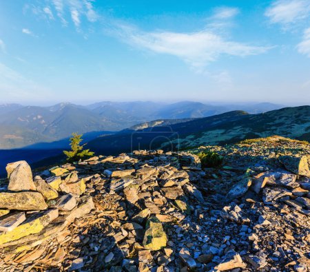 Photo for Summer morning Carpathian mountain top view from stony summit of Ihrovets Mount (Gorgany, Ukraine). - Royalty Free Image