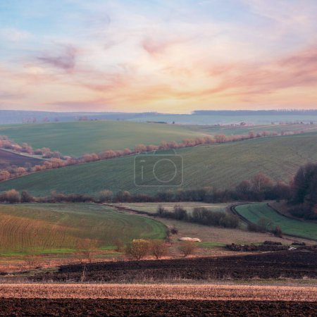 Photo for Spring morning rural country landscape with plowed agricultural fields on hills, trees and groves in valleys. Arable and growth farmlands in tender delicate sunrise light. - Royalty Free Image