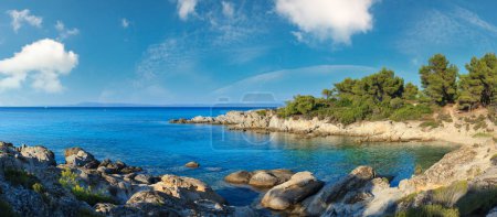 Photo for Aegean sea coast landscape with aquamarine water, view from Orange Beach (Chalkidiki, Greece). - Royalty Free Image