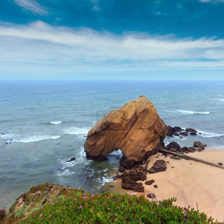 Photo for Sandy beach Praia de Santa Cruz with rock formation (Portugal). Misty weather. - Royalty Free Image