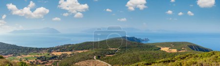 Photo for South cape of Lefkas island and lighthouse panorama (Lefkada, Greece, Ionian Sea). View from up. - Royalty Free Image