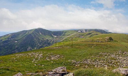 Photo for View of Chornogora mountain ridghe (Carpathian Mountains, Ukraine) and mountain lake Brebeneskul in valley. - Royalty Free Image