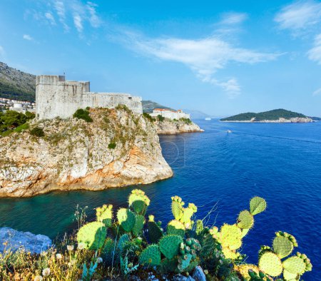 Foto de Famoso casco antiguo de Dubrovnik En Croacia y fuerte y cactus en frente. - Imagen libre de derechos