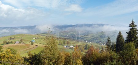 Photo for Beautiful autumn morning near Carpathian village outskirts (Carpathian mountain, Ukraine). - Royalty Free Image