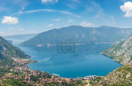 Photo for Bay of Kotor summer misty view from up and Kotor town on coast (Montenegro). - Royalty Free Image