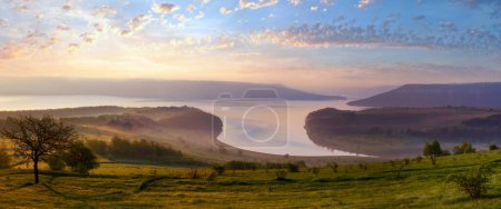 Photo for Bakota ( is a historic submerged by Dnister river waters settlement) morning misty spring panorama (Khmelnytskyi Oblast, Ukraine) - Royalty Free Image