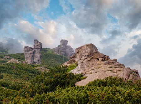 Téléchargez les photos : Crête montagneuse estivale avec de gros rochers pierreux. Vent avec nuages bas et brouillard. Carpates, Chornohora, Vuhatyj Kaminj, Ukraine
. - en image libre de droit