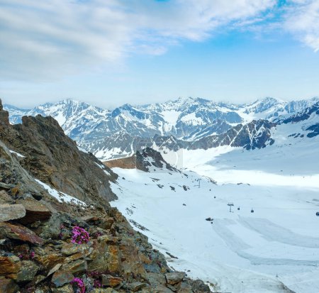 Foto de Vista de la montaña desde la estación superior de Karlesjoch bahn (3108m., cerca de Kaunertal Gletscher en la frontera Austria-Italia) con flores de alpes sobre telesilla - Imagen libre de derechos