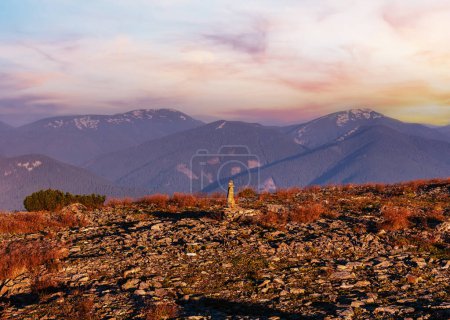 Photo for Summer morning Carpathian mountain top view from stony summit of Ihrovets Mount (Gorgany, Ukraine). - Royalty Free Image