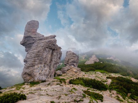 Téléchargez les photos : Crête montagneuse estivale avec de grandes roches pierreuses verticales. Vent avec nuages bas et brouillard. Carpates, Chornohora, Vuhatyj Kaminj, Ukraine
. - en image libre de droit