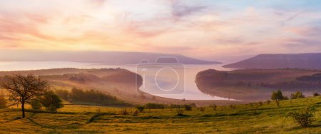 Photo for Bakota ( is a historic submerged by Dnister river waters settlement) morning misty spring panorama (Khmelnytskyi Oblast, Ukraine) - Royalty Free Image