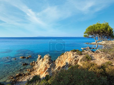 Photo for Aegean sea coast landscape with aquamarine water, view near Mega Portokali Beach (Sithonia, Chalkidiki, Greece). - Royalty Free Image