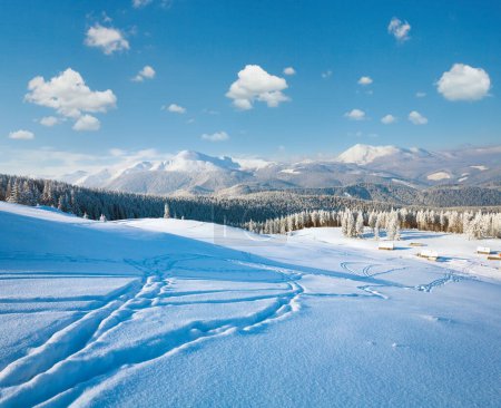 Téléchargez les photos : Paysage de montagne calme d'hiver avec groupe de hangars et crête de montagne derrière (Mont Kukol, Carpates, Ukraine
) - en image libre de droit