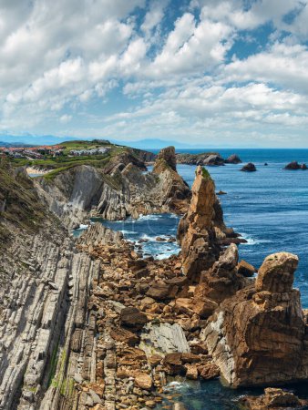 Photo for Atlantic Ocean coastline landscape near Arnia Beach (Biskay, Cantabria, Spain).  Two shots stitch image. - Royalty Free Image