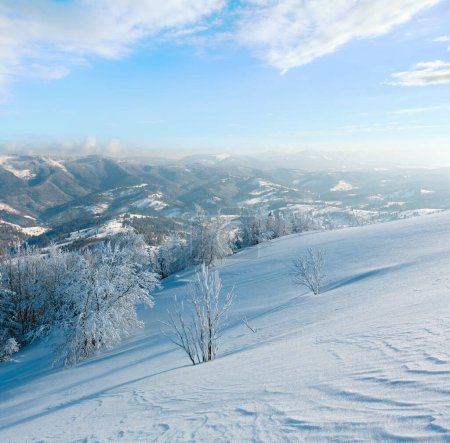 Foto de Mañana invierno tranquilo paisaje de montaña con hermosos árboles de glaseado y ventisqueros en la pendiente (montañas de los Cárpatos, Ucrania
) - Imagen libre de derechos